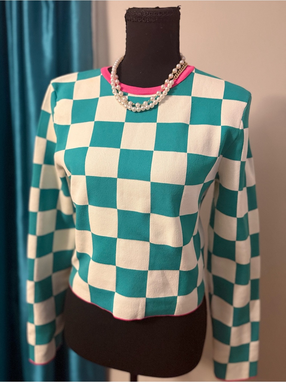 Teal & White Checkerboard Knit Top